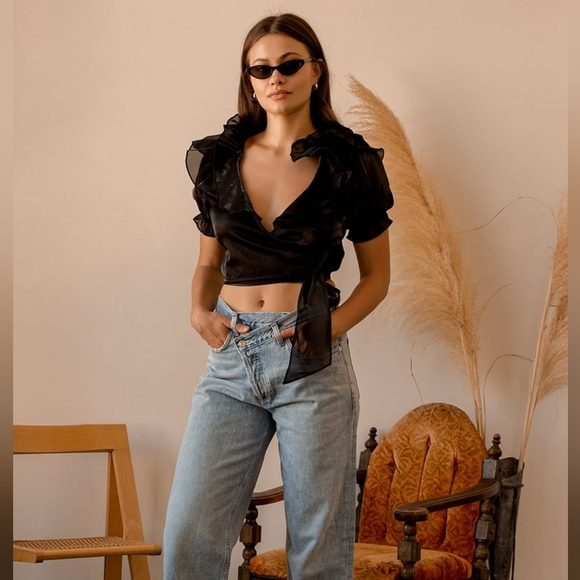 Lulu's Master of Style Black Puff Sleeve Cropped Wrap Top XS Bow Sheer Goth - Picture 7 of 14